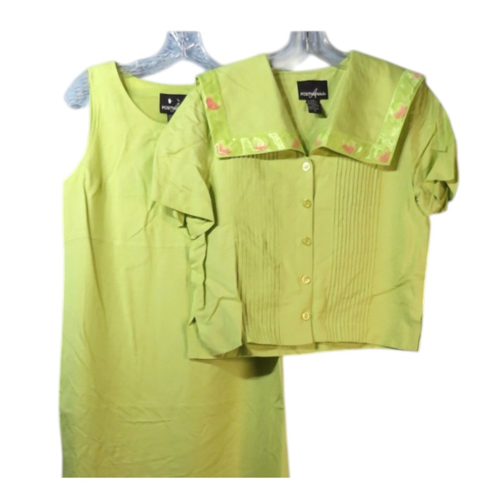VTG POSITIVE ATTITUDE Green Dress/Jacket Set LARGE COLLAR OVERLAY Linen Blend 8